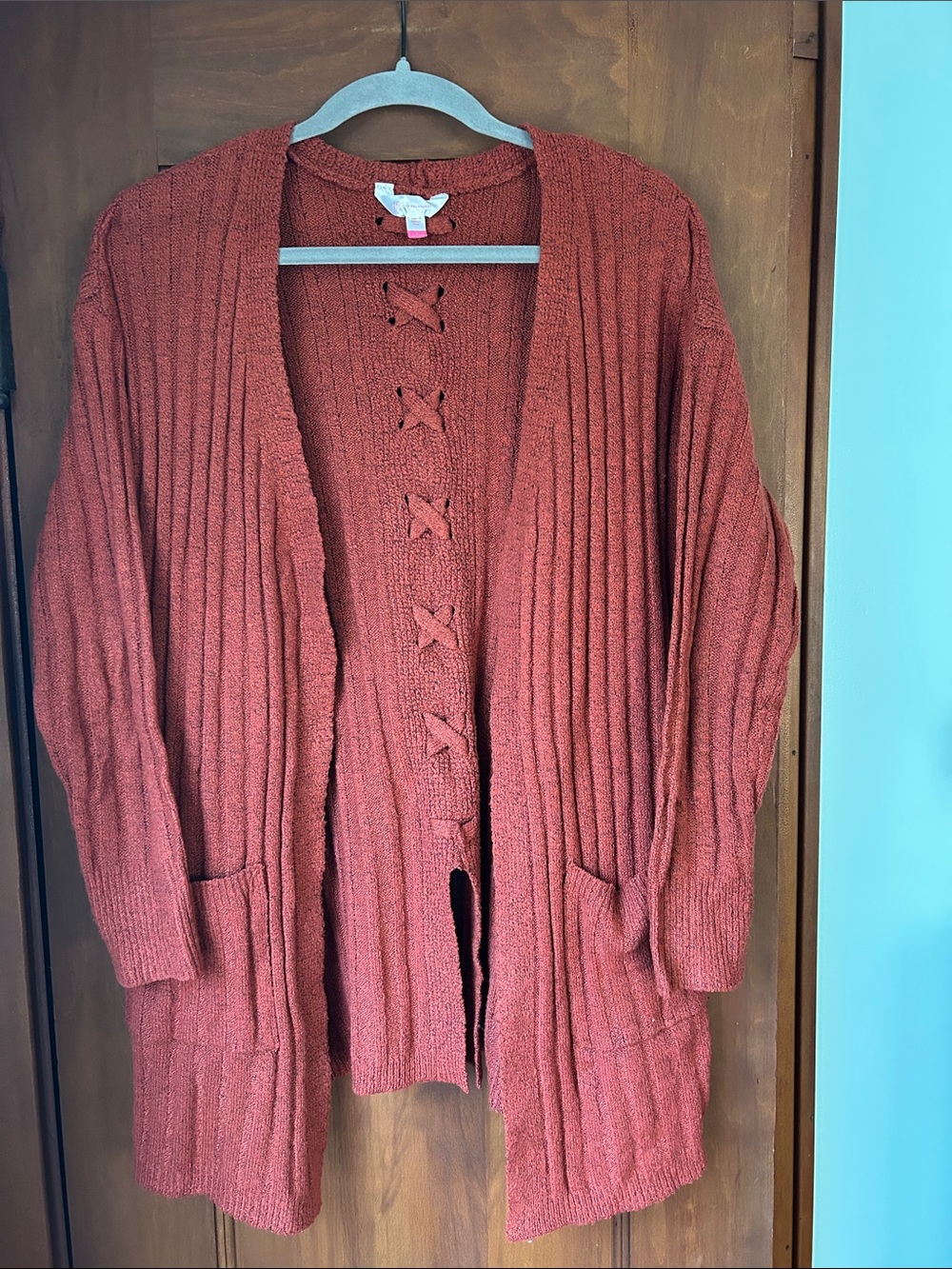 Orange Rust Open-Front Ribbed Knit Women's Cardigan Sweater
